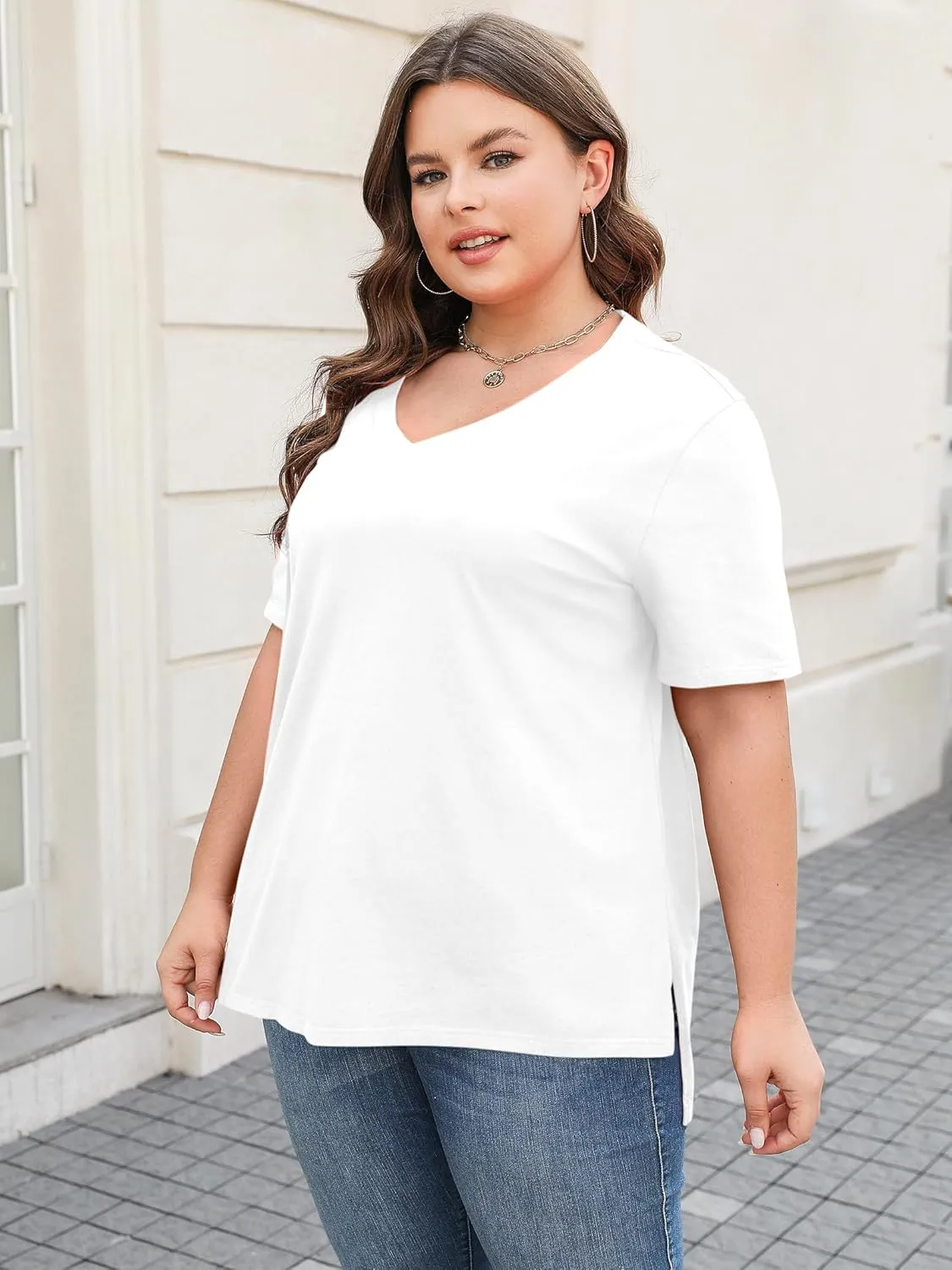 Elesomo Womens Plus Size T Shirts V Neck Short Sleeve Basic Tees Cotton Summer Tops