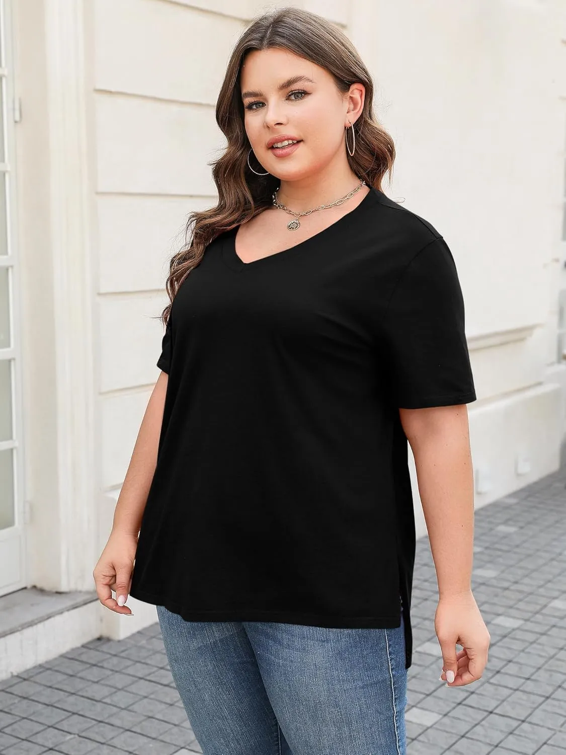 Elesomo Womens Plus Size T Shirts V Neck Short Sleeve Basic Tees Cotton Summer Tops