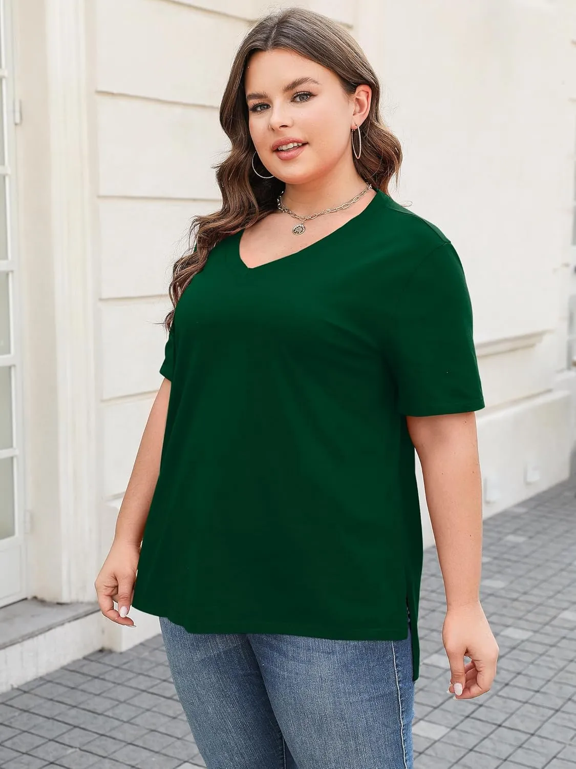 Elesomo Womens Plus Size T Shirts V Neck Short Sleeve Basic Tees Cotton Summer Tops