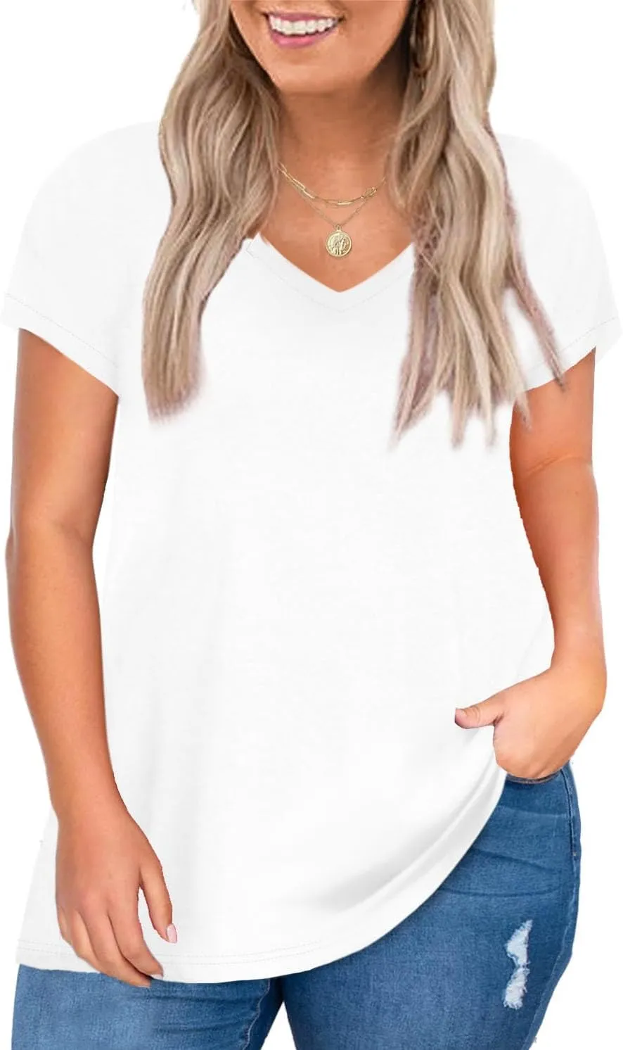 Elesomo Womens Plus Size T Shirts V Neck Short Sleeve Basic Tees Cotton Summer Tops