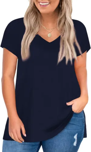 Elesomo Womens Plus Size T Shirts V Neck Short Sleeve Basic Tees Cotton Summer Tops