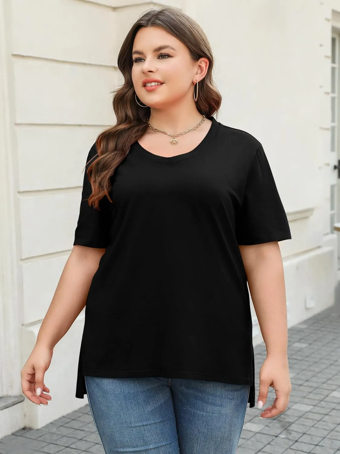 Elesomo Womens Plus Size T Shirts V Neck Short Sleeve Basic Tees Cotton Summer Tops