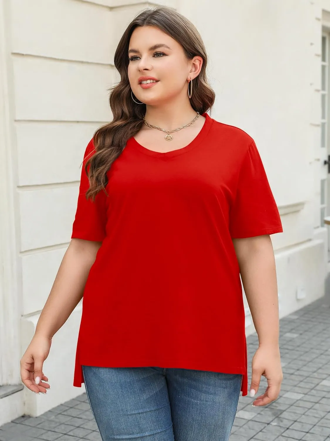 Elesomo Womens Plus Size T Shirts V Neck Short Sleeve Basic Tees Cotton Summer Tops