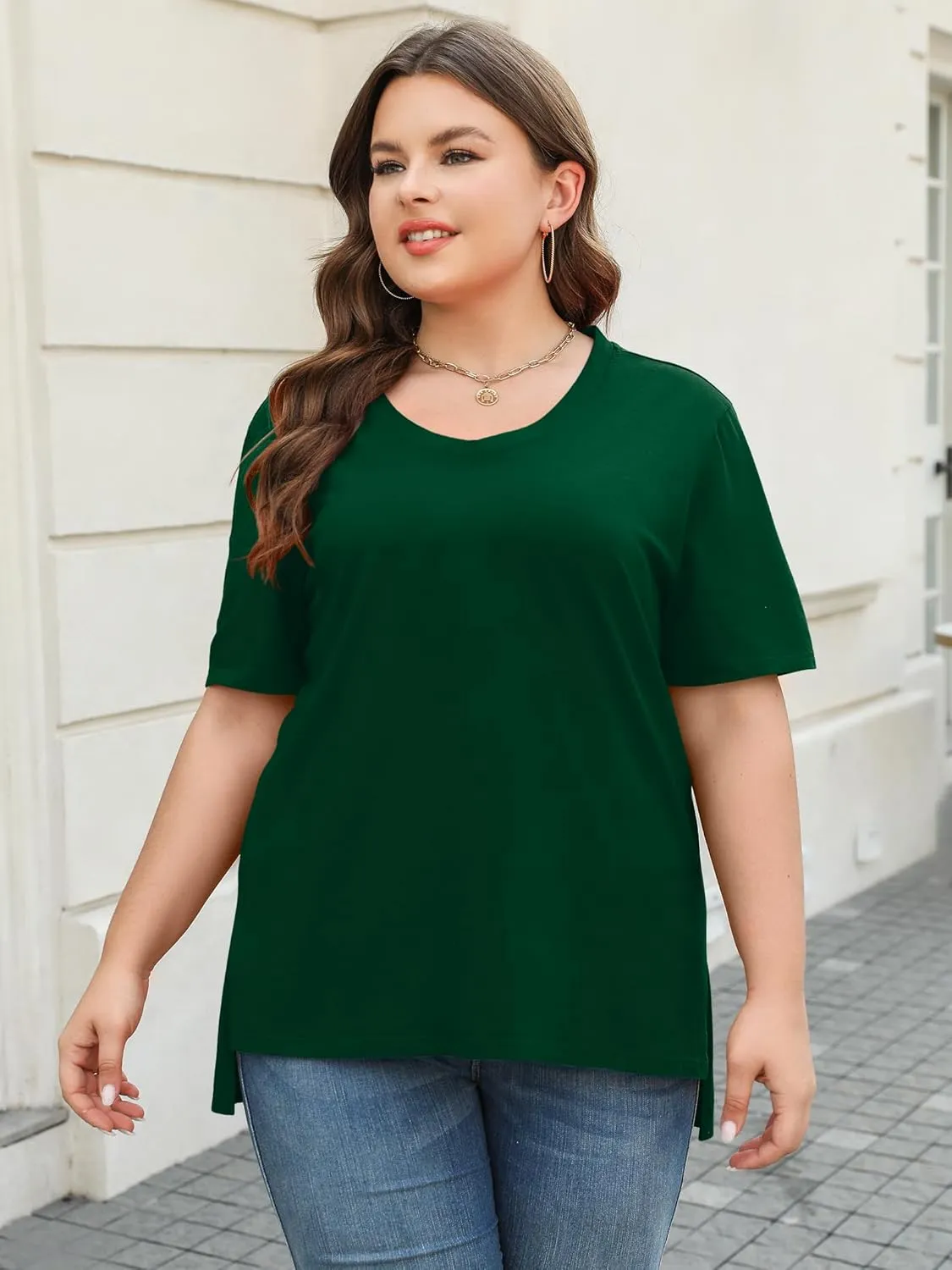 Elesomo Womens Plus Size T Shirts V Neck Short Sleeve Basic Tees Cotton Summer Tops