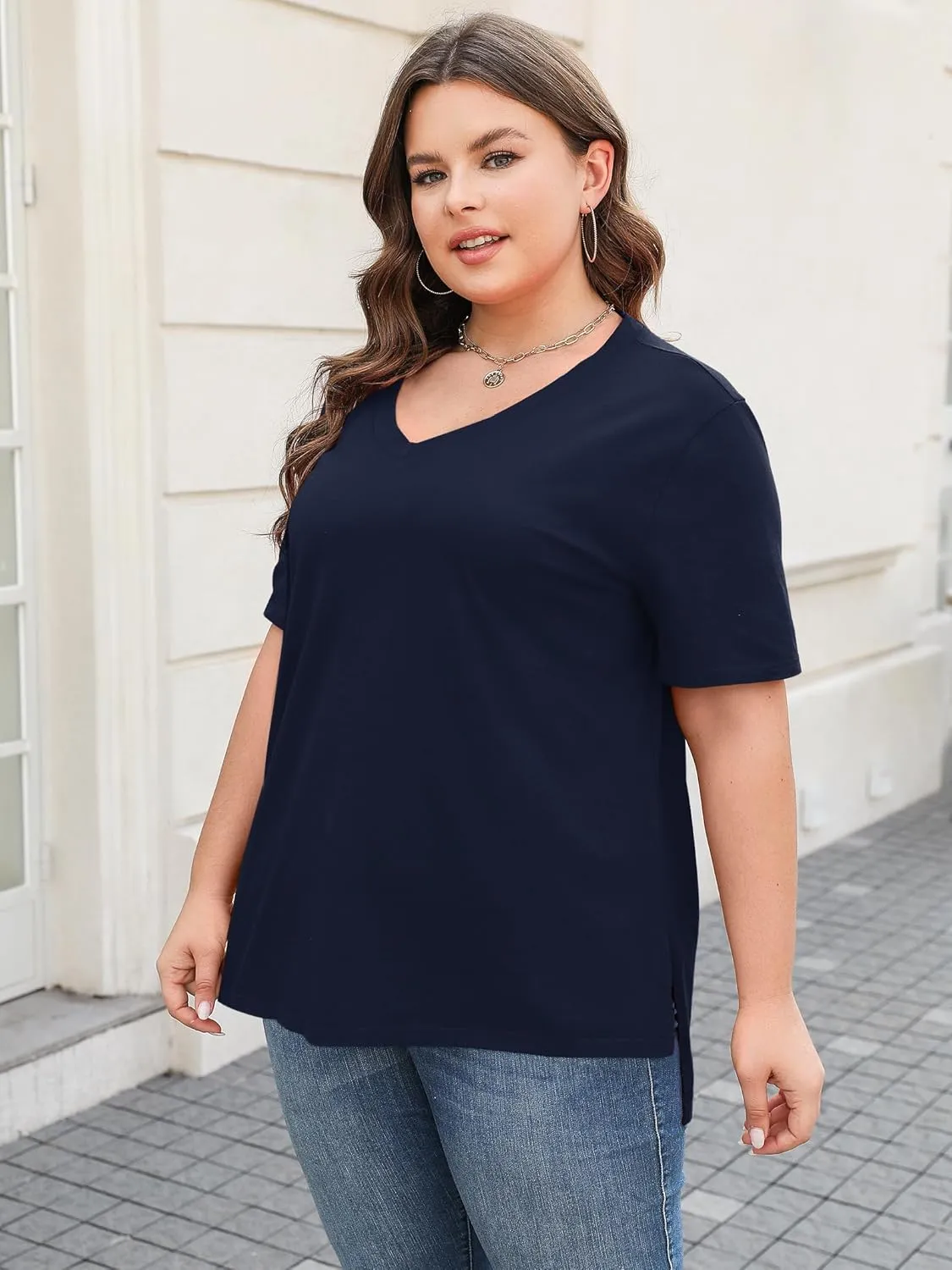 Elesomo Womens Plus Size T Shirts V Neck Short Sleeve Basic Tees Cotton Summer Tops