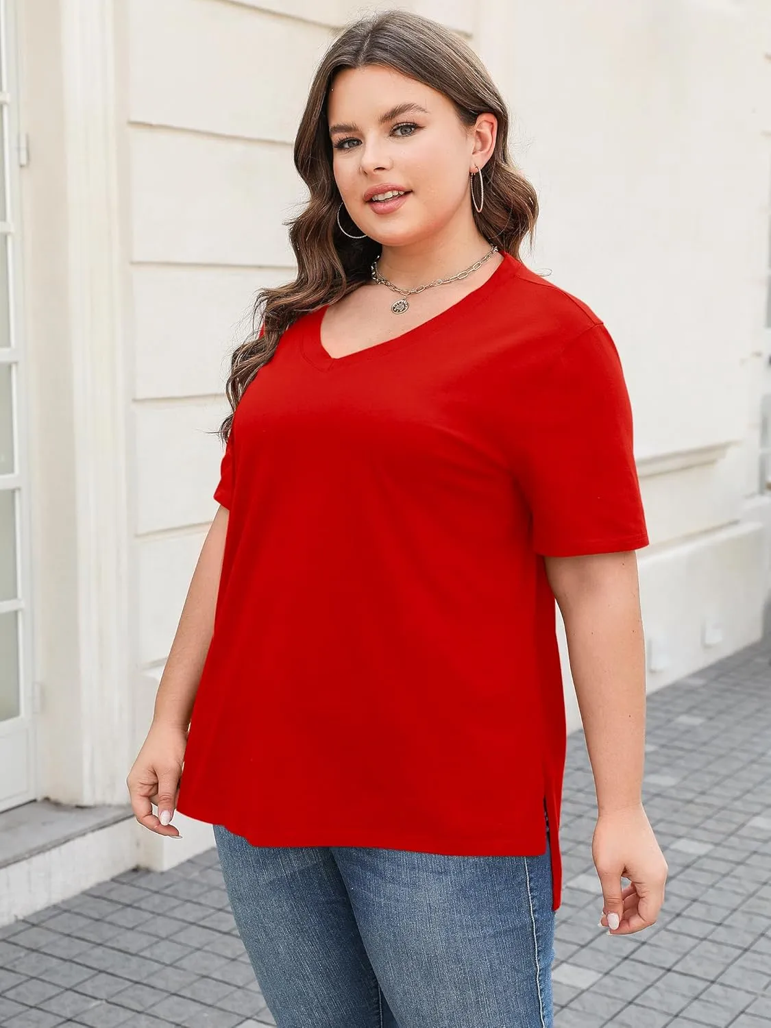 Elesomo Womens Plus Size T Shirts V Neck Short Sleeve Basic Tees Cotton Summer Tops