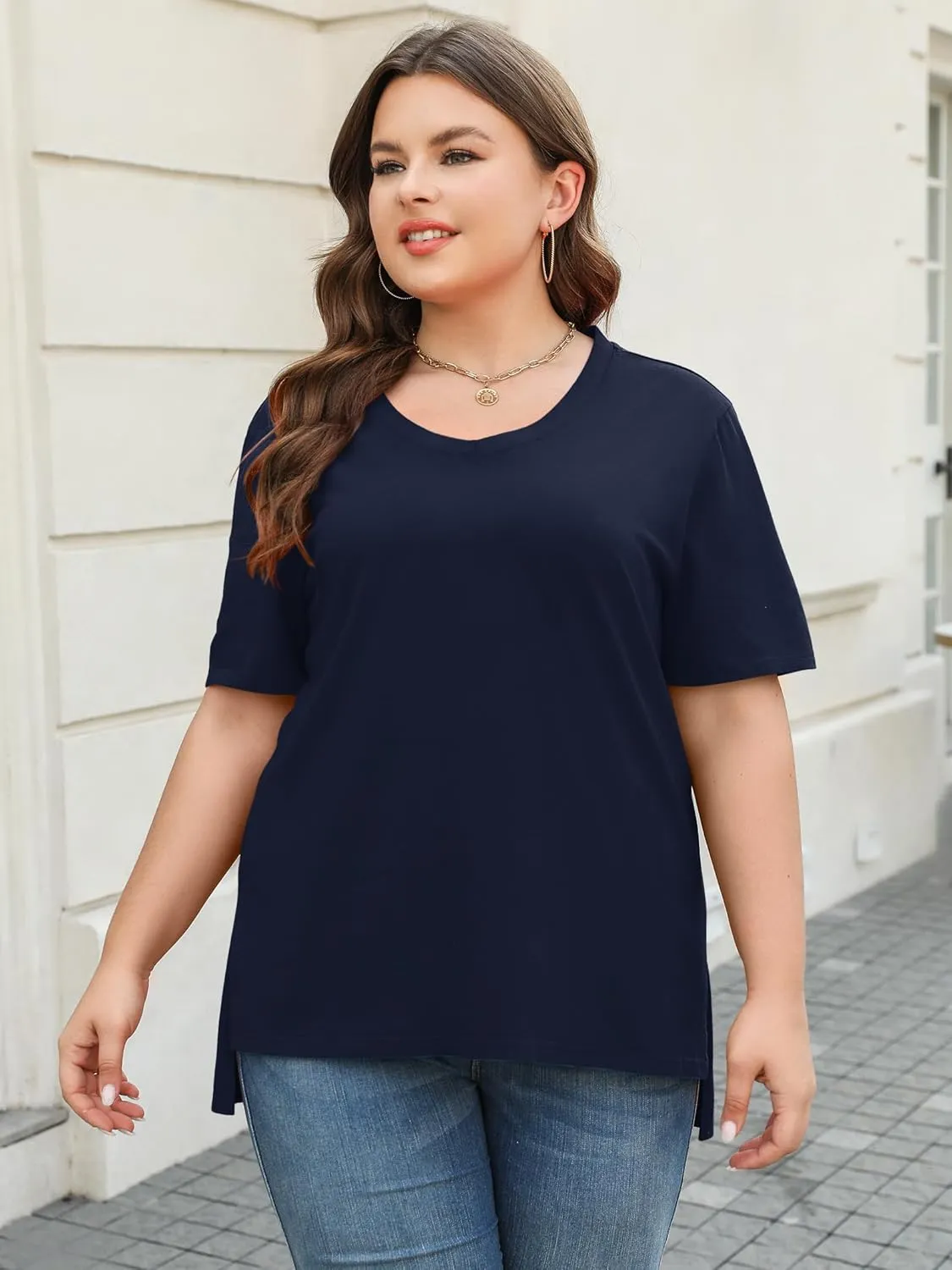 Elesomo Womens Plus Size T Shirts V Neck Short Sleeve Basic Tees Cotton Summer Tops