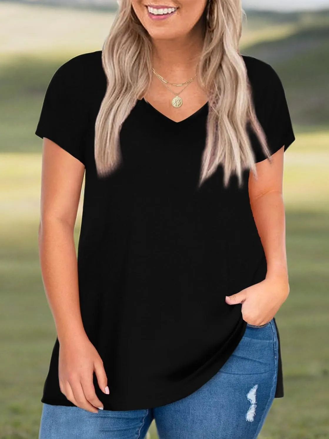 Elesomo Womens Plus Size T Shirts V Neck Short Sleeve Basic Tees Cotton Summer Tops