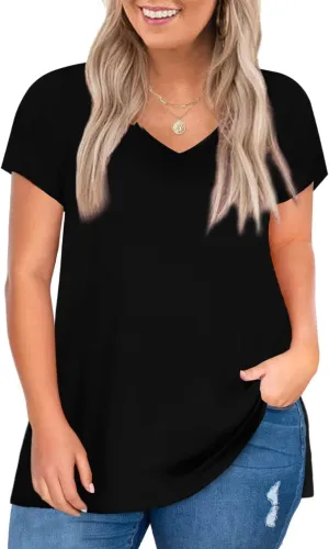 Elesomo Womens Plus Size T Shirts V Neck Short Sleeve Basic Tees Cotton Summer Tops