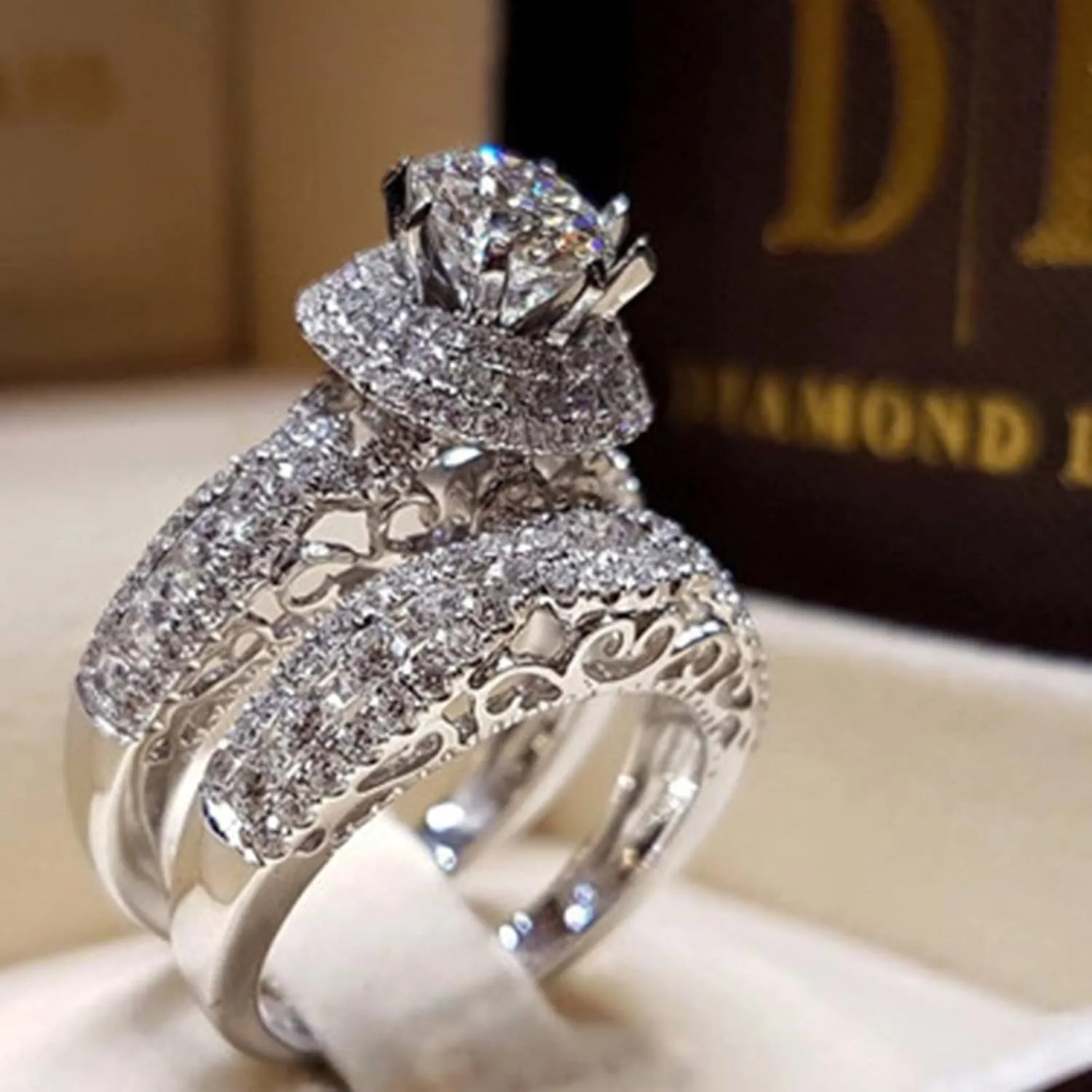 Exquisite 2pcs Full Cubic Zirconia Ring Set for Women Stackable Round Zircon Engagement Wedding Jewelry Valentine