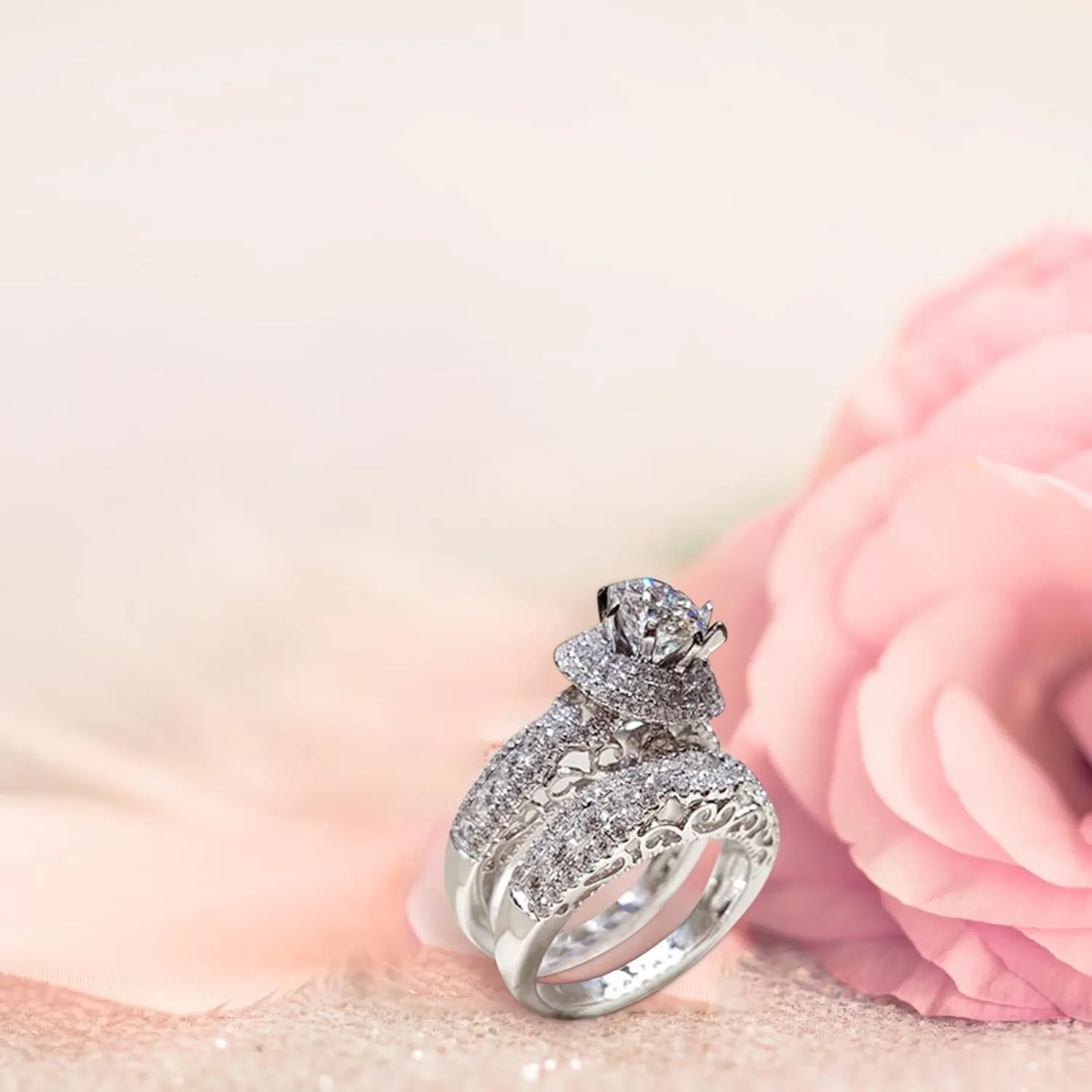Exquisite 2pcs Full Cubic Zirconia Ring Set for Women Stackable Round Zircon Engagement Wedding Jewelry Valentine