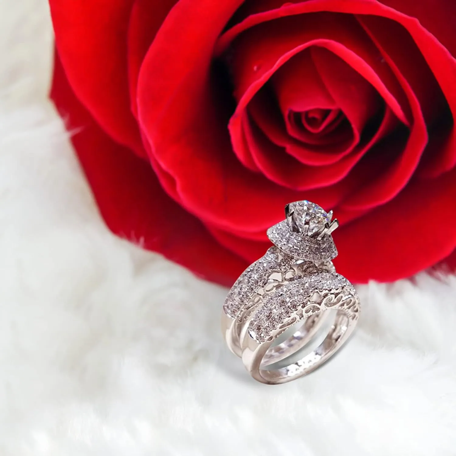 Exquisite 2pcs Full Cubic Zirconia Ring Set for Women Stackable Round Zircon Engagement Wedding Jewelry Valentine