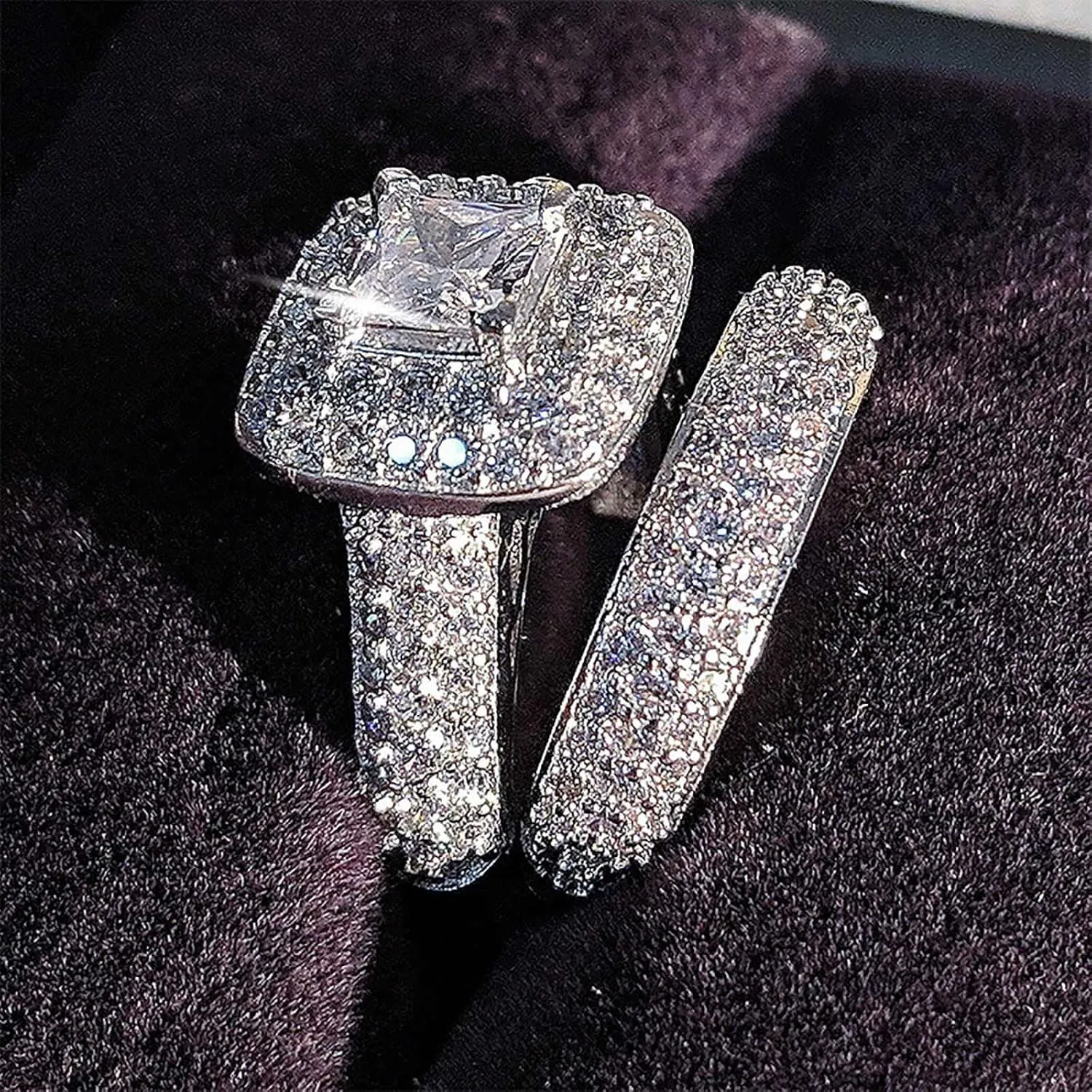 Exquisite Shiny Full Cubic Zirconia Cluster Engagement Ring Princess Cut Anniversary Bridal Ring Sets for Women
