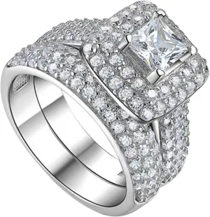 Exquisite Shiny Full Cubic Zirconia Cluster Engagement Ring Princess Cut Anniversary Bridal Ring Sets for Women