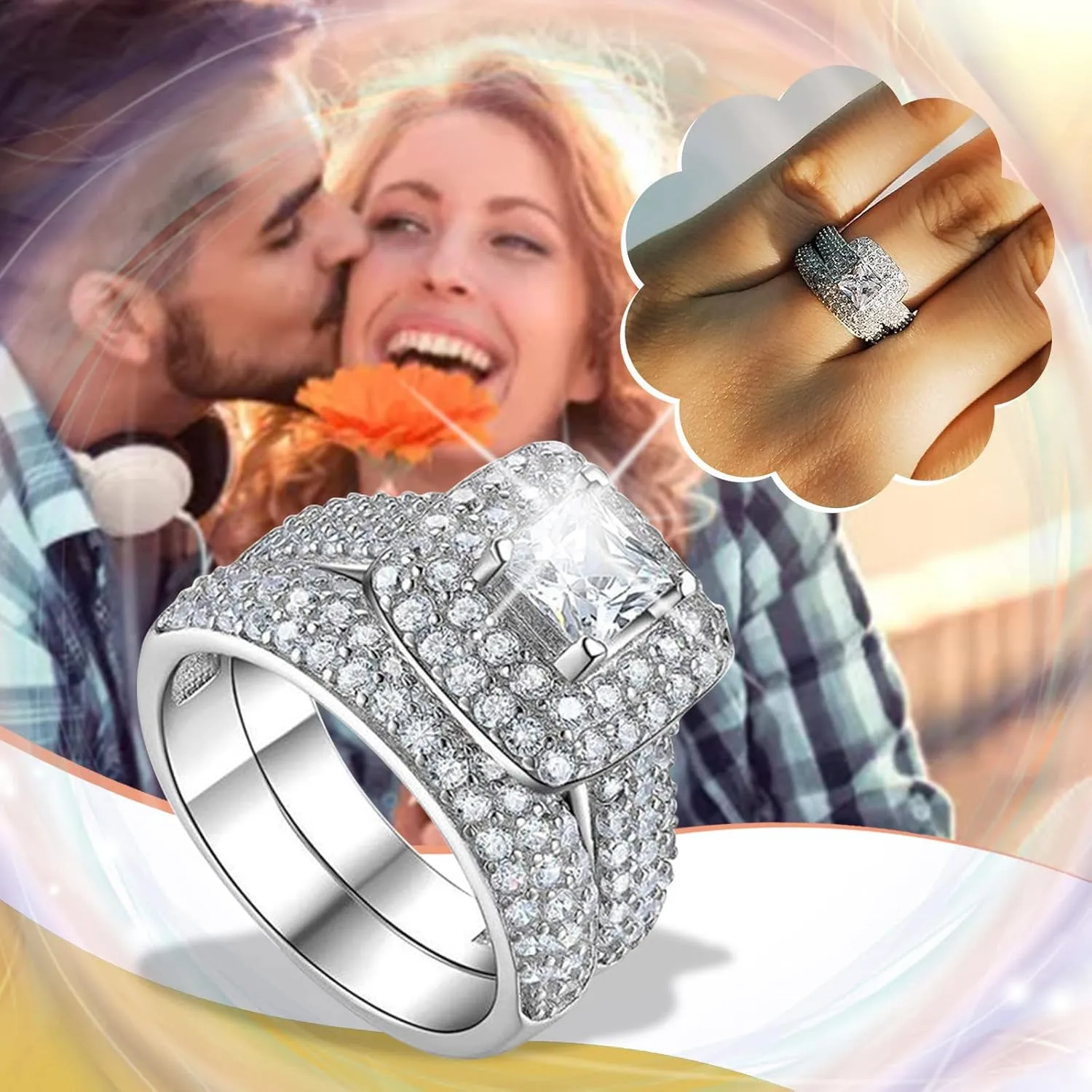 Exquisite Shiny Full Cubic Zirconia Cluster Engagement Ring Princess Cut Anniversary Bridal Ring Sets for Women