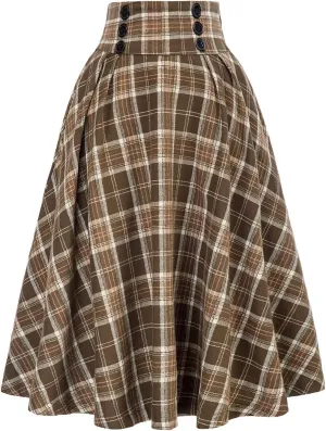 Fall Skirts for Women Midi Length Fashion Casual Plaid Skirt Vintage High Waist Trendy Plus Size Pleated Skirt for Girls
