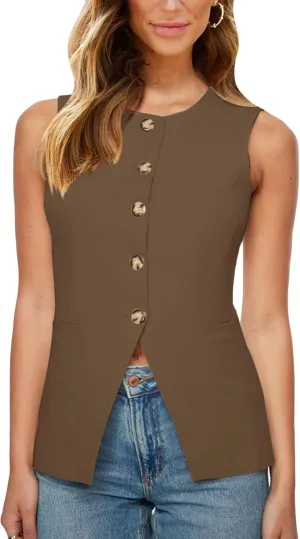Fallorchid Womens Round neck Suit Vest Sleeveless Button Business Jacket Waistcoat Top
