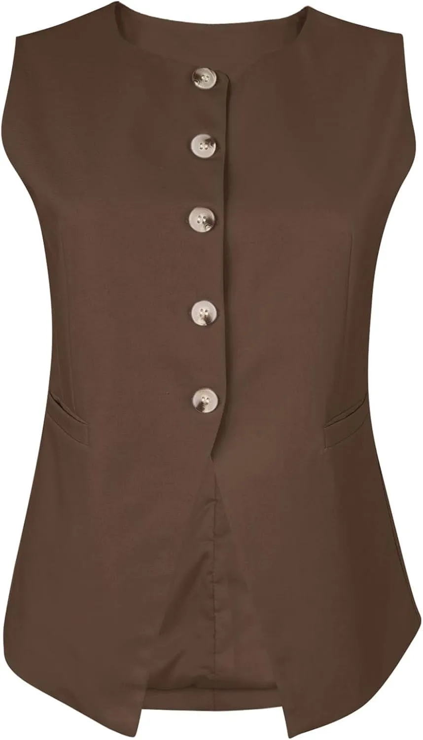 Fallorchid Womens Round neck Suit Vest Sleeveless Button Business Jacket Waistcoat Top
