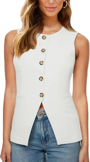 Fallorchid Womens Round neck Suit Vest Sleeveless Button Business Jacket Waistcoat Top