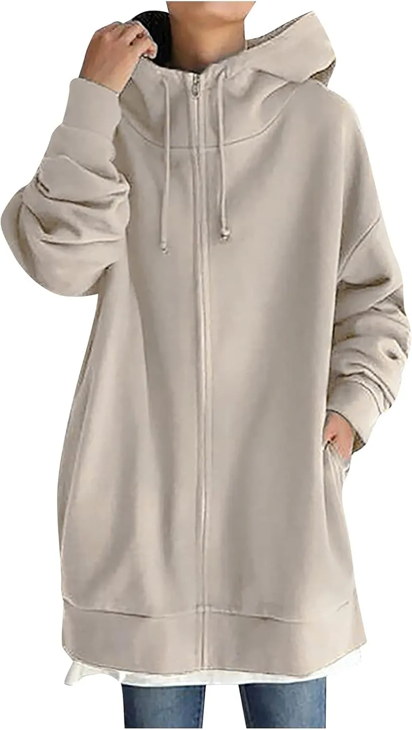 fartey Zip Up Hoodie Women Oversized Loose Baggy Long Sweatshirts Casual Drawstring Long Sleeve Y2K Jackets With Pockets