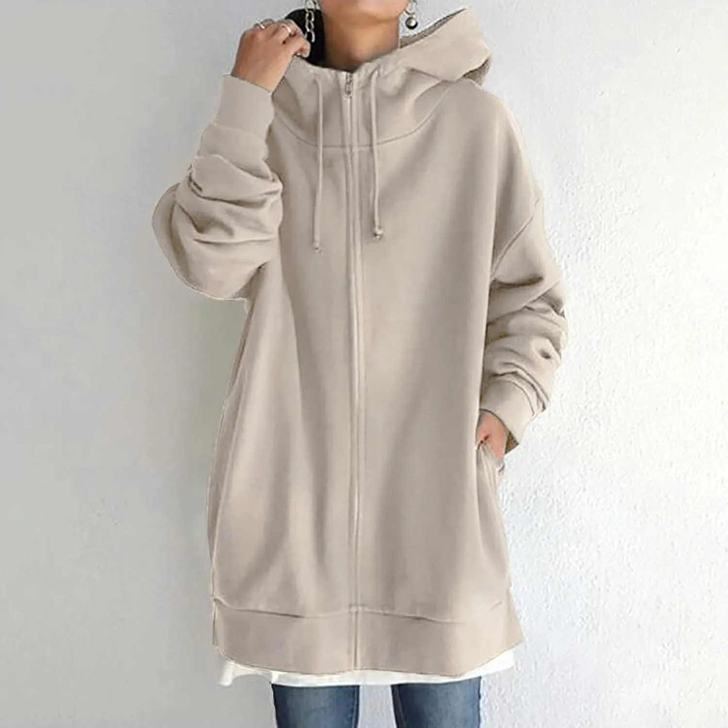 fartey Zip Up Hoodie Women Oversized Loose Baggy Long Sweatshirts Casual Drawstring Long Sleeve Y2K Jackets With Pockets