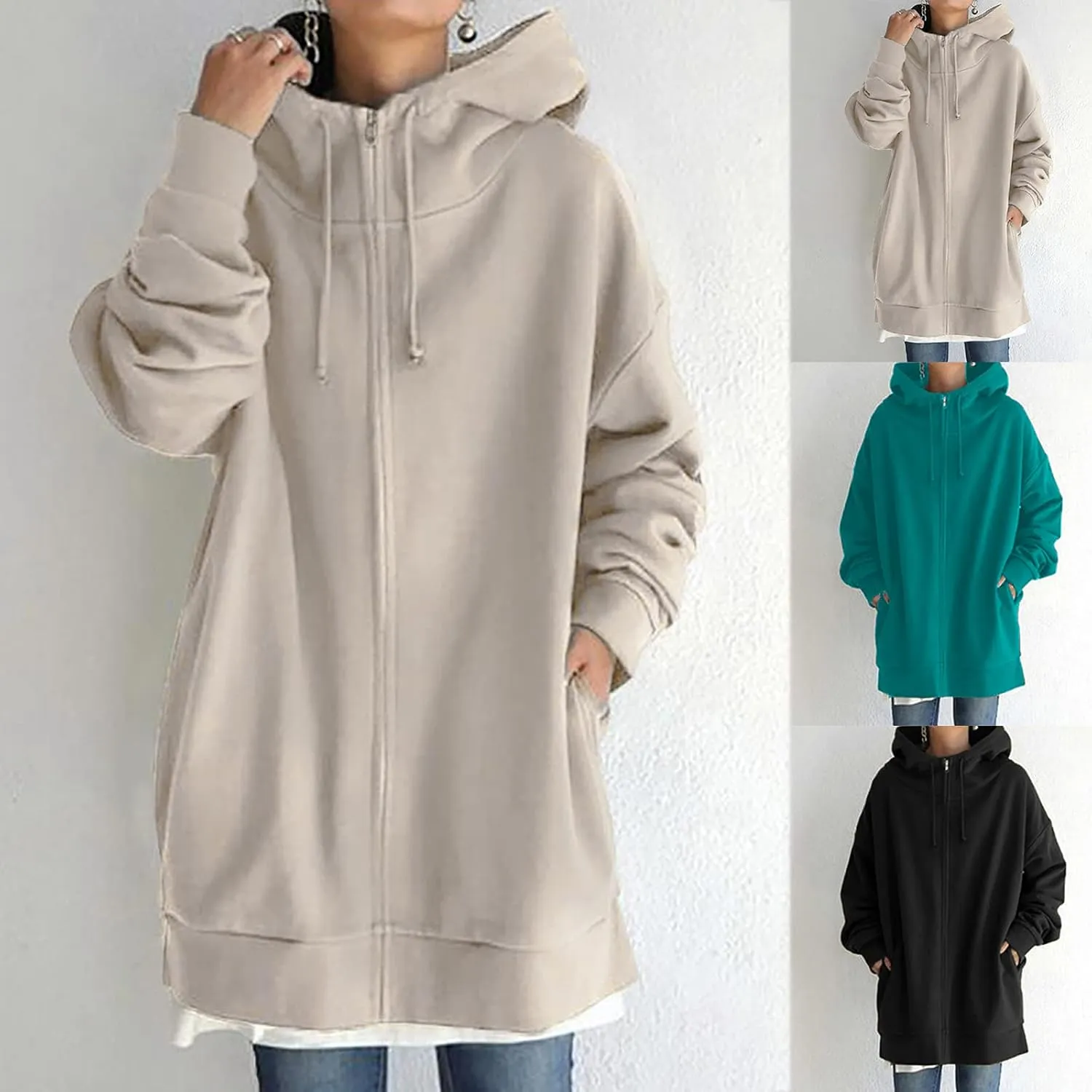 fartey Zip Up Hoodie Women Oversized Loose Baggy Long Sweatshirts Casual Drawstring Long Sleeve Y2K Jackets With Pockets