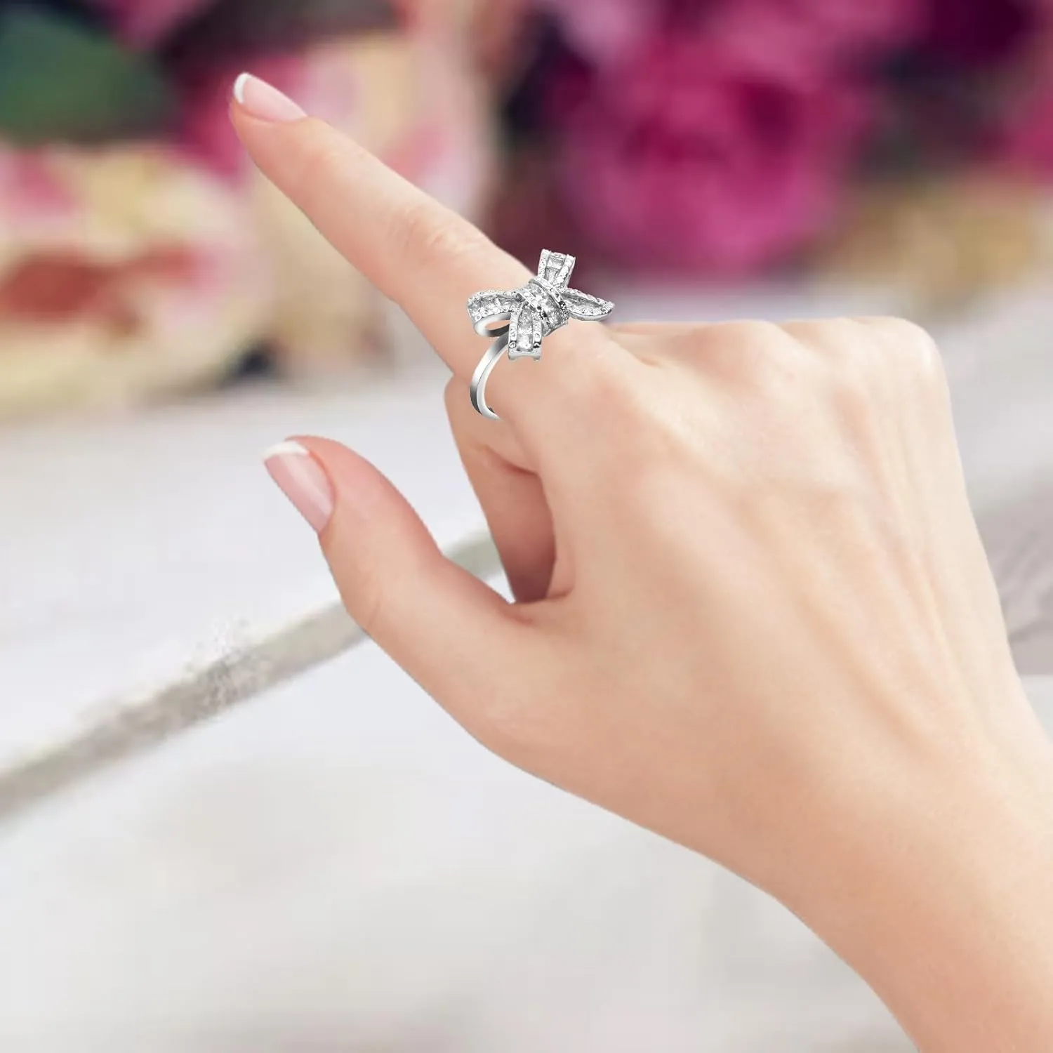 Fashion925 Silver Rings for Women Gold Plated Cubic Zirconia Promise Rings for Her Stackable Bow Wedding Band