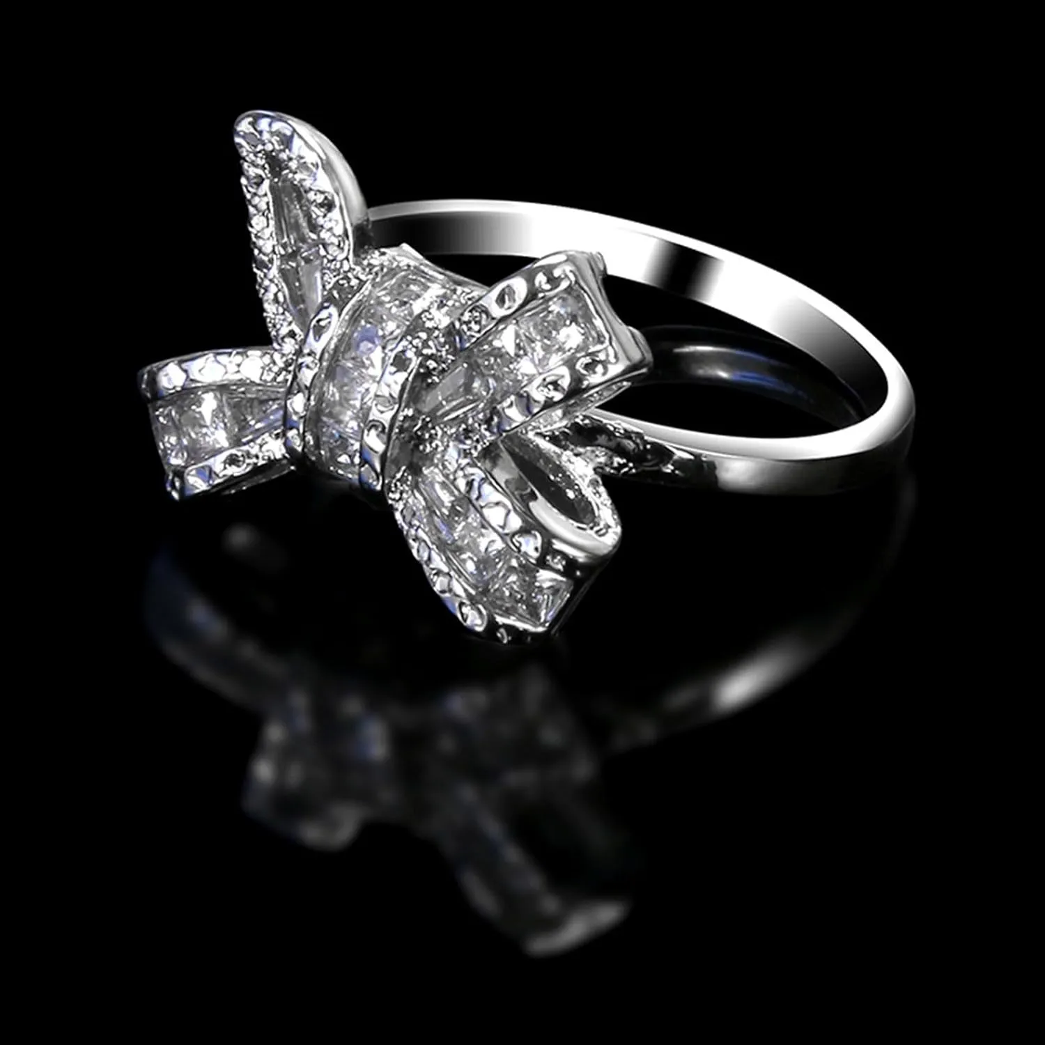 Fashion925 Silver Rings for Women Gold Plated Cubic Zirconia Promise Rings for Her Stackable Bow Wedding Band