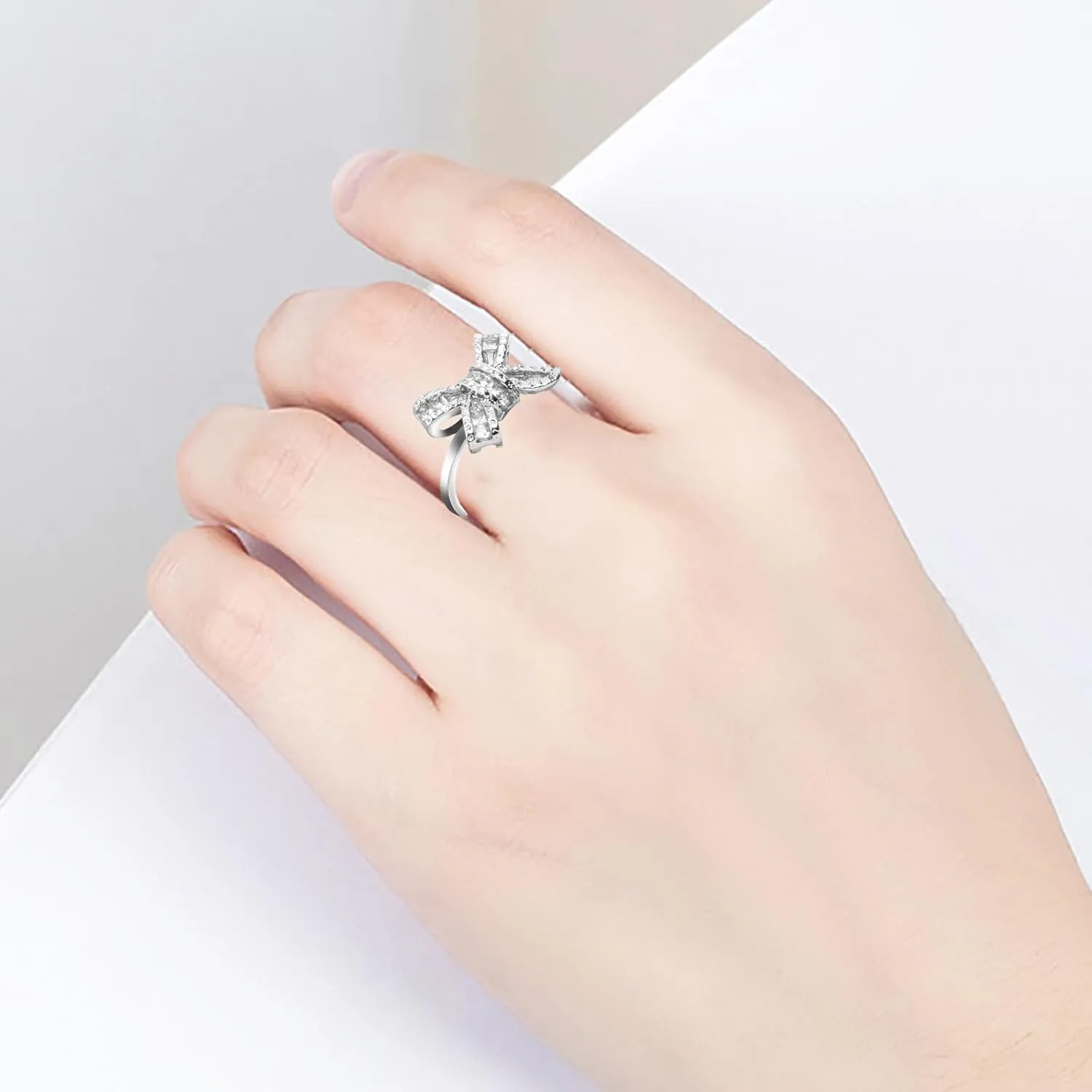 Fashion925 Silver Rings for Women Gold Plated Cubic Zirconia Promise Rings for Her Stackable Bow Wedding Band