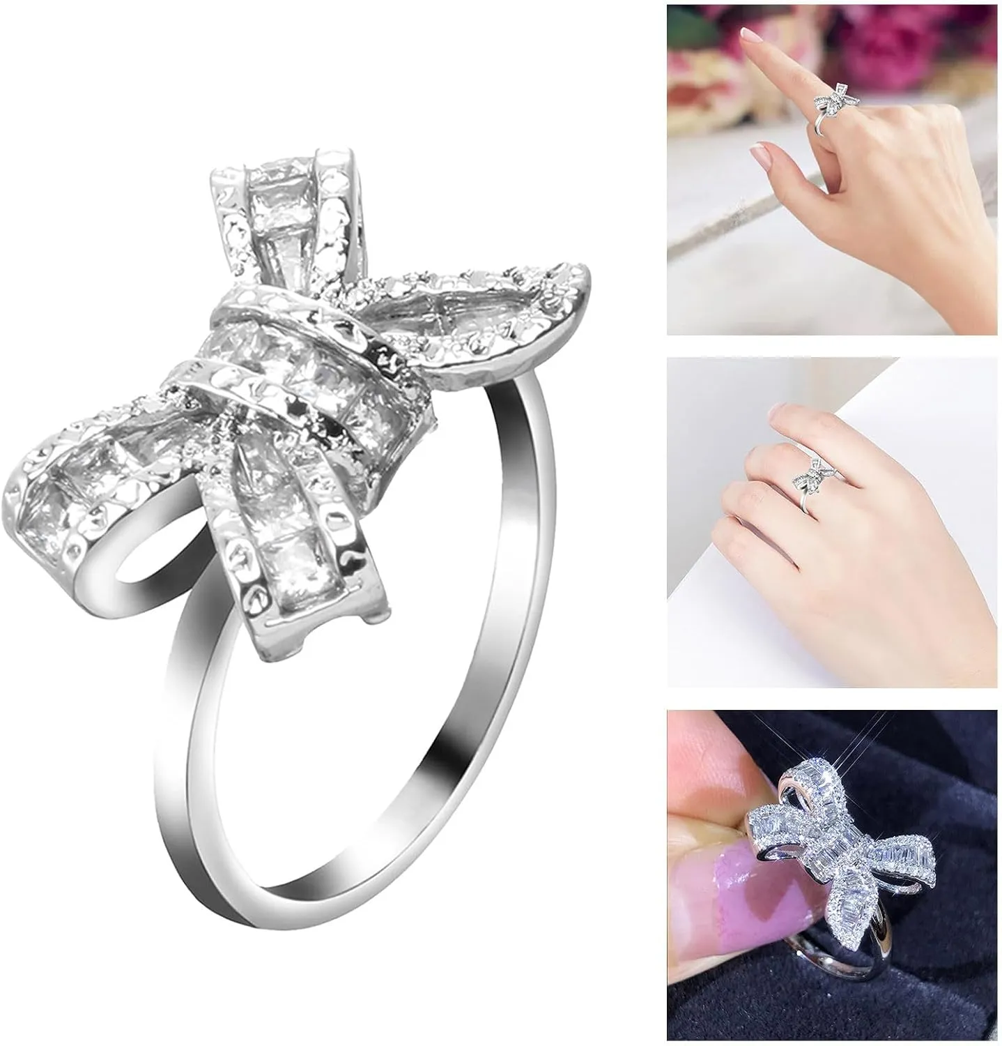Fashion925 Silver Rings for Women Gold Plated Cubic Zirconia Promise Rings for Her Stackable Bow Wedding Band