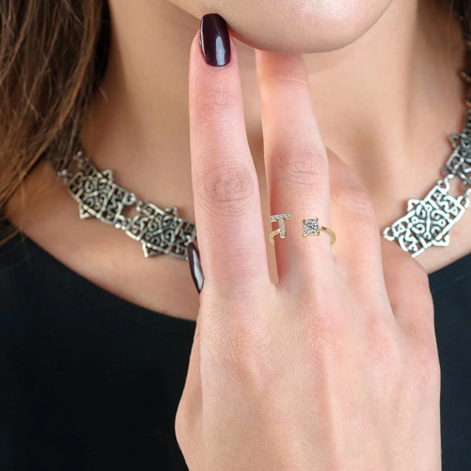 Fashionable Opening 26 Letters Rings for Women - Diamond Rhinestone Studded Zirconia Open Adjustable Rings Accessory Gifts Gold Crystal Finger Ring for Women Jewelry