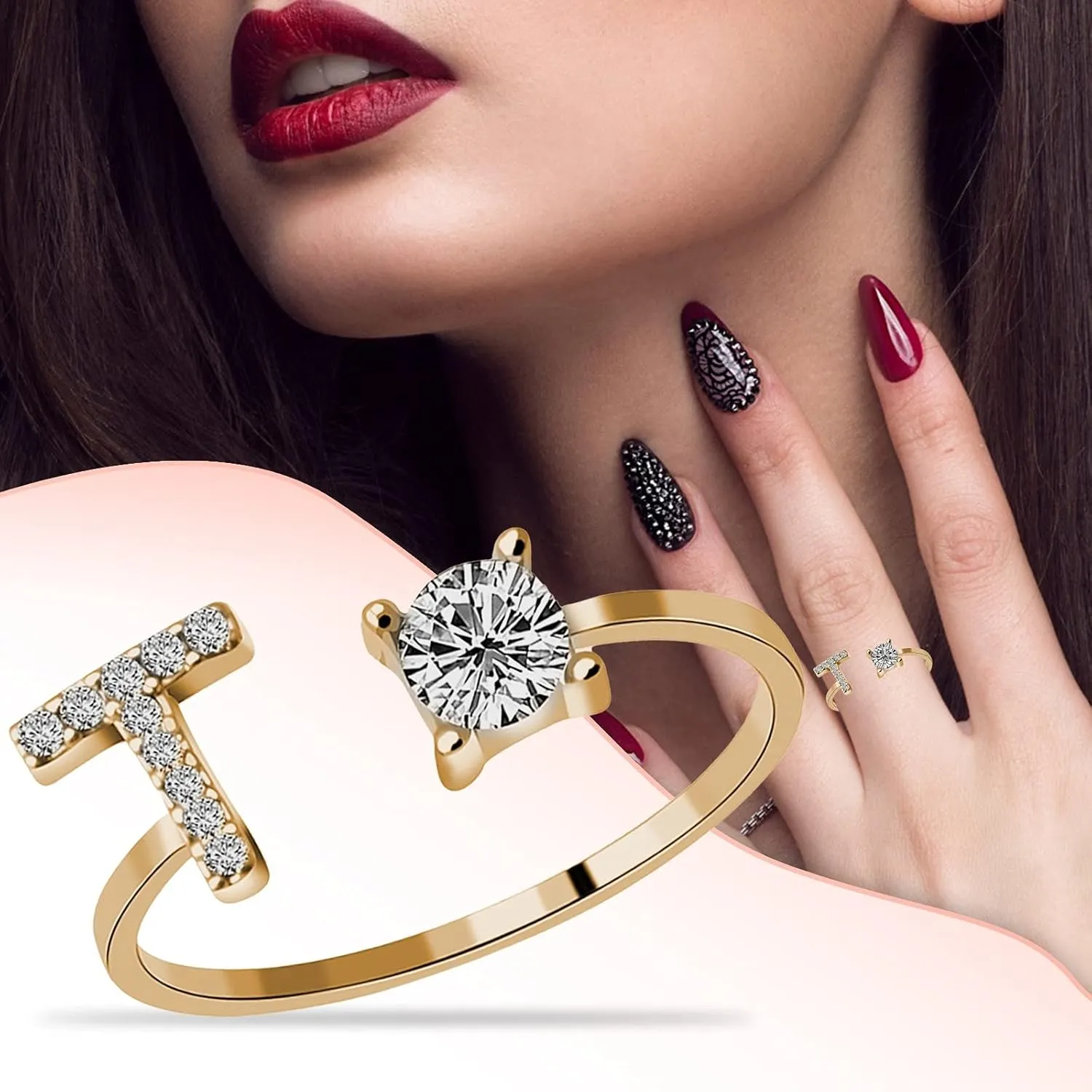 Fashionable Opening 26 Letters Rings for Women - Diamond Rhinestone Studded Zirconia Open Adjustable Rings Accessory Gifts Gold Crystal Finger Ring for Women Jewelry