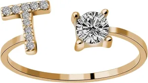 Fashionable Opening 26 Letters Rings for Women - Diamond Rhinestone Studded Zirconia Open Adjustable Rings Accessory Gifts Gold Crystal Finger Ring for Women Jewelry
