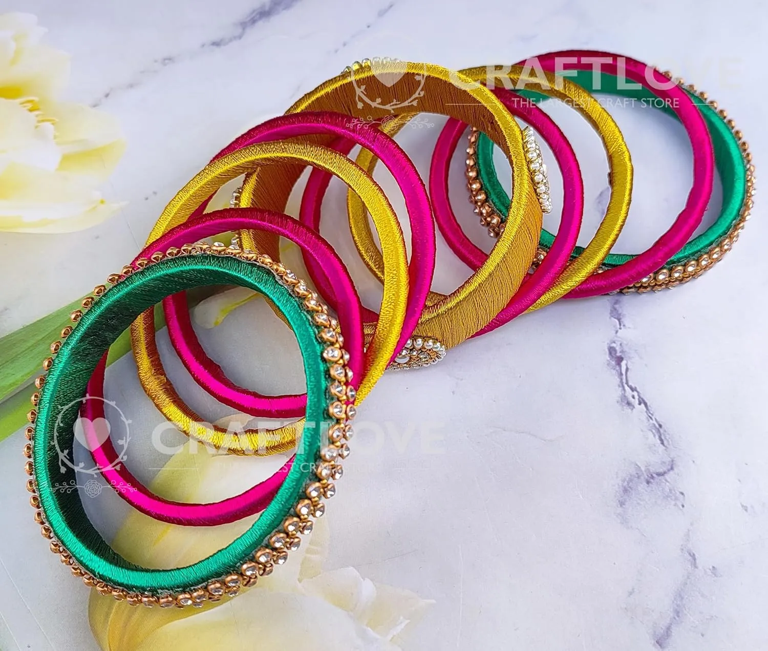 Festive Offer: Rani Pink Green and Gold Silk Thread Handcrafted Bangle Bracelet for Women