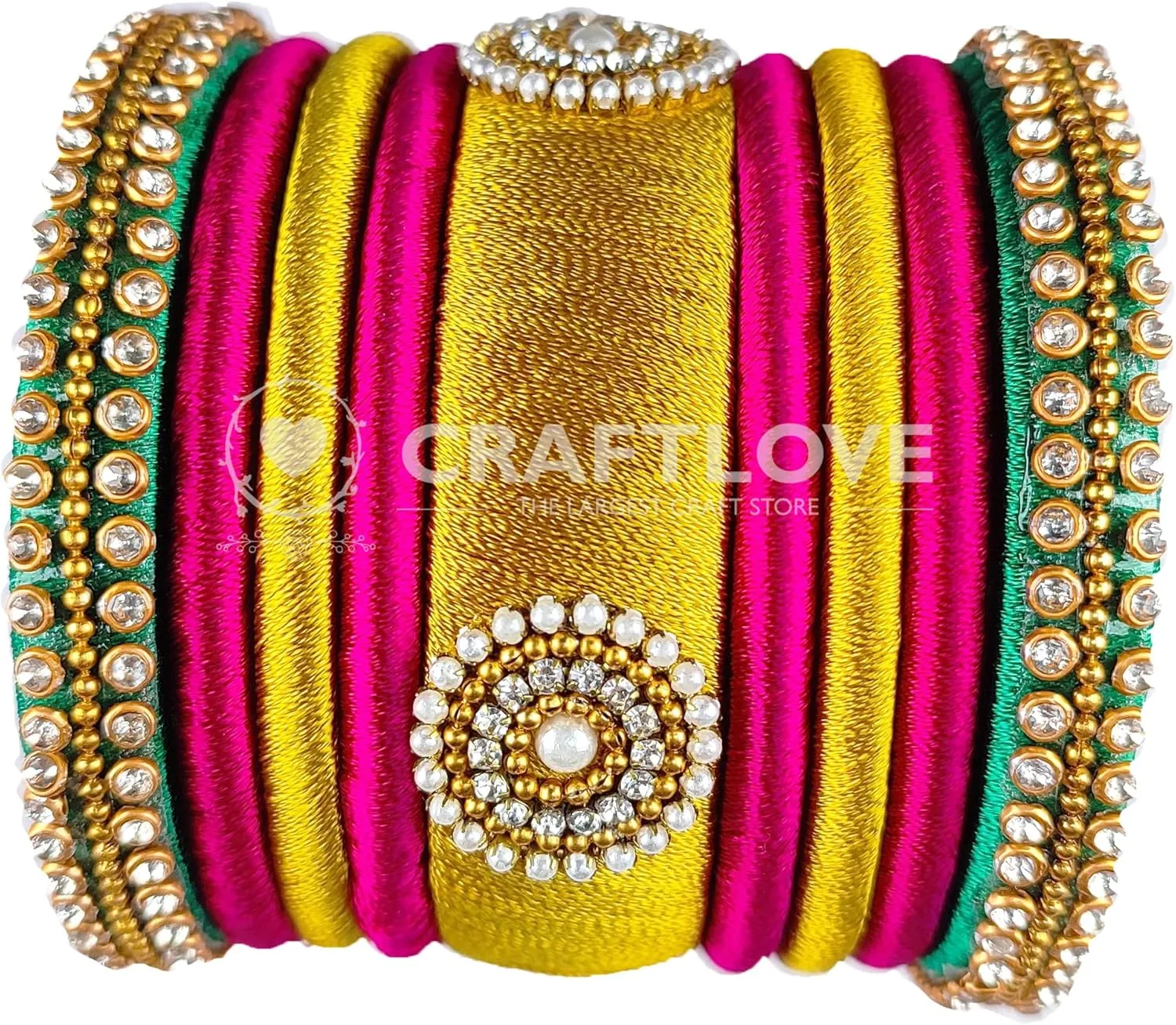 Festive Offer: Rani Pink Green and Gold Silk Thread Handcrafted Bangle Bracelet for Women