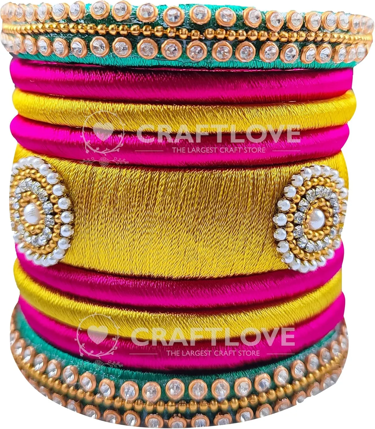 Festive Offer: Rani Pink Green and Gold Silk Thread Handcrafted Bangle Bracelet for Women