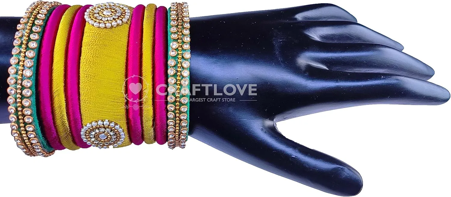 Festive Offer: Rani Pink Green and Gold Silk Thread Handcrafted Bangle Bracelet for Women