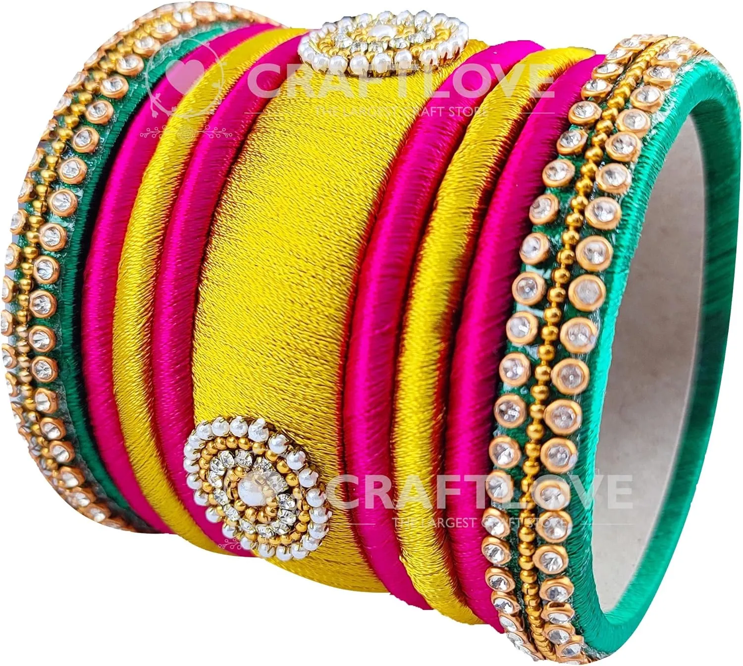Festive Offer: Rani Pink Green and Gold Silk Thread Handcrafted Bangle Bracelet for Women