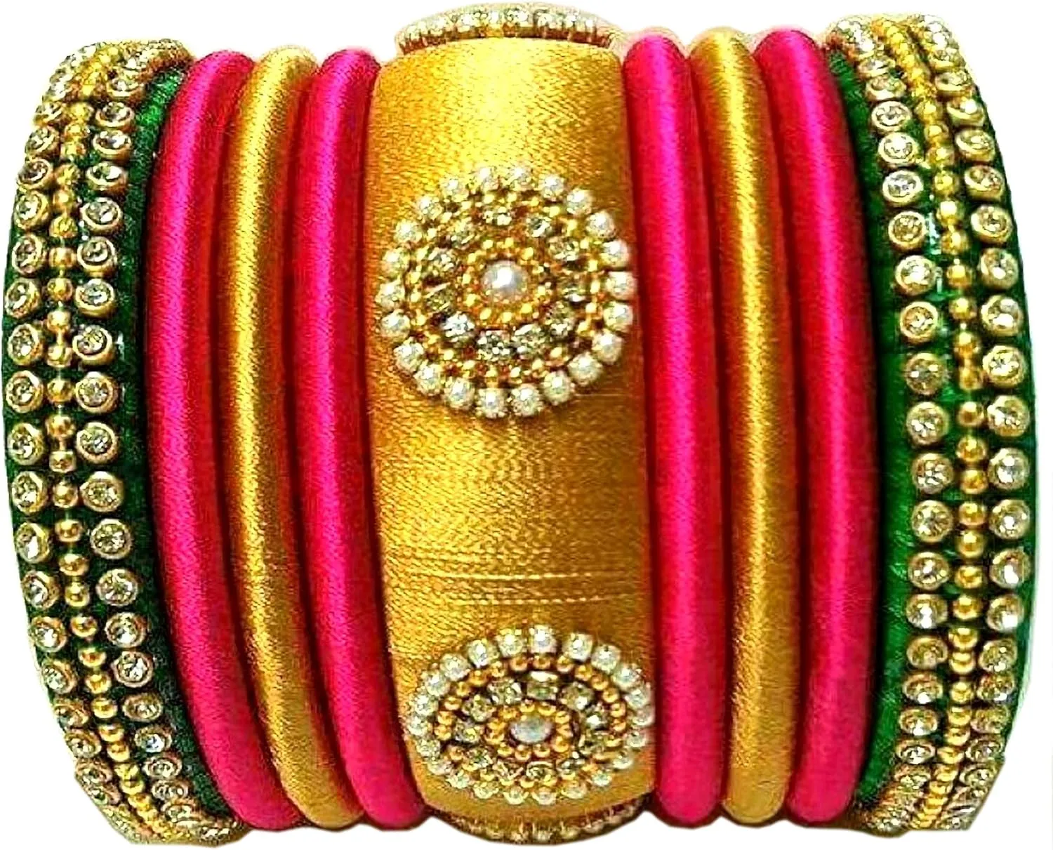 Festive Offer: Rani Pink Green and Gold Silk Thread Handcrafted Bangle Bracelet for Women