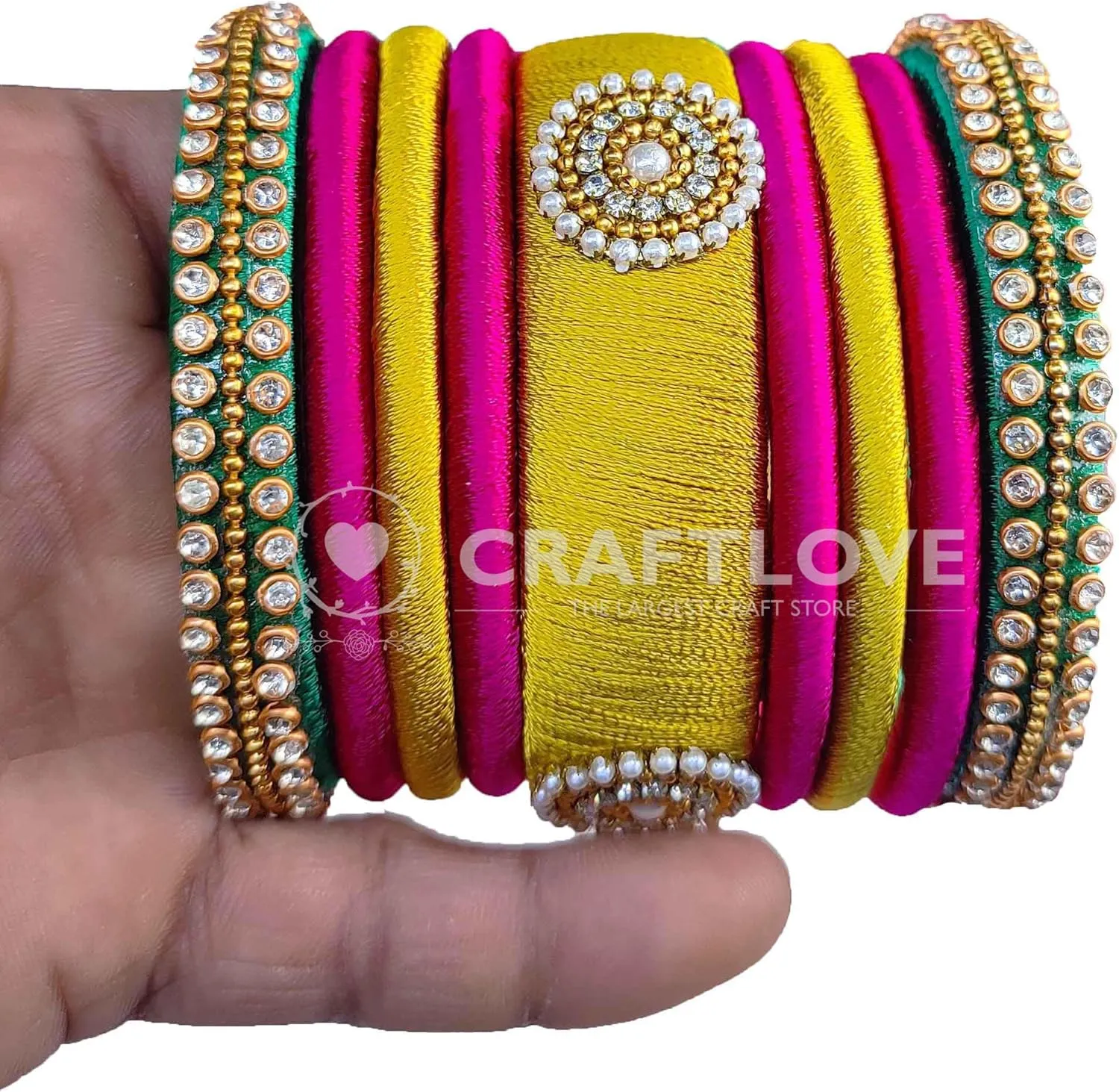 Festive Offer: Rani Pink Green and Gold Silk Thread Handcrafted Bangle Bracelet for Women