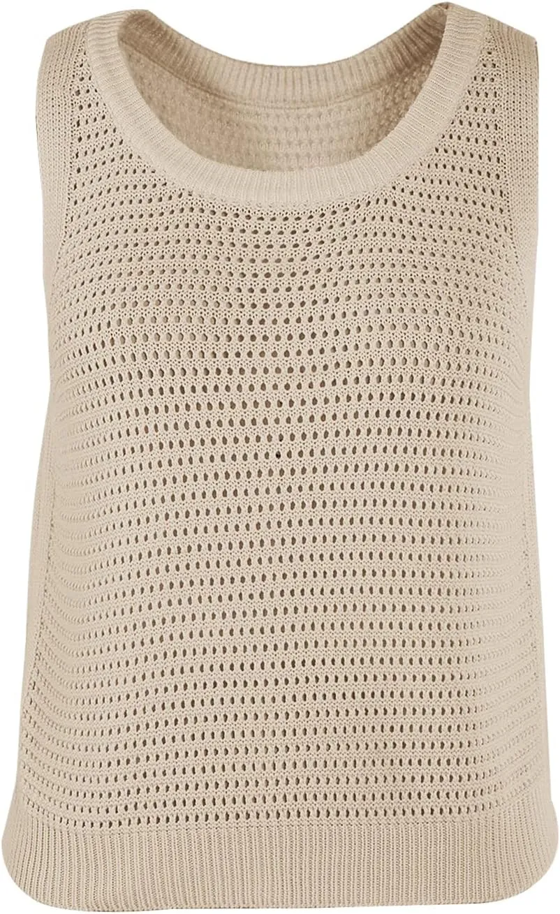 FISACE Womens Summer Knit Sweater Tank Tops Round Neck Crochet Hollow Out Sleeveless Casual Crop Shirt