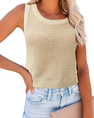 FISACE Womens Summer Knit Sweater Tank Tops Round Neck Crochet Hollow Out Sleeveless Casual Crop Shirt