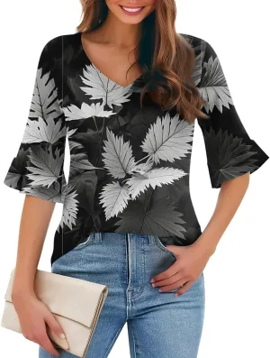 Five-Pointed Sleeve T-Shirts for Women Floral Print Lightweight Going Out Tops 2025 Casual Loose Summer Tees Blouses