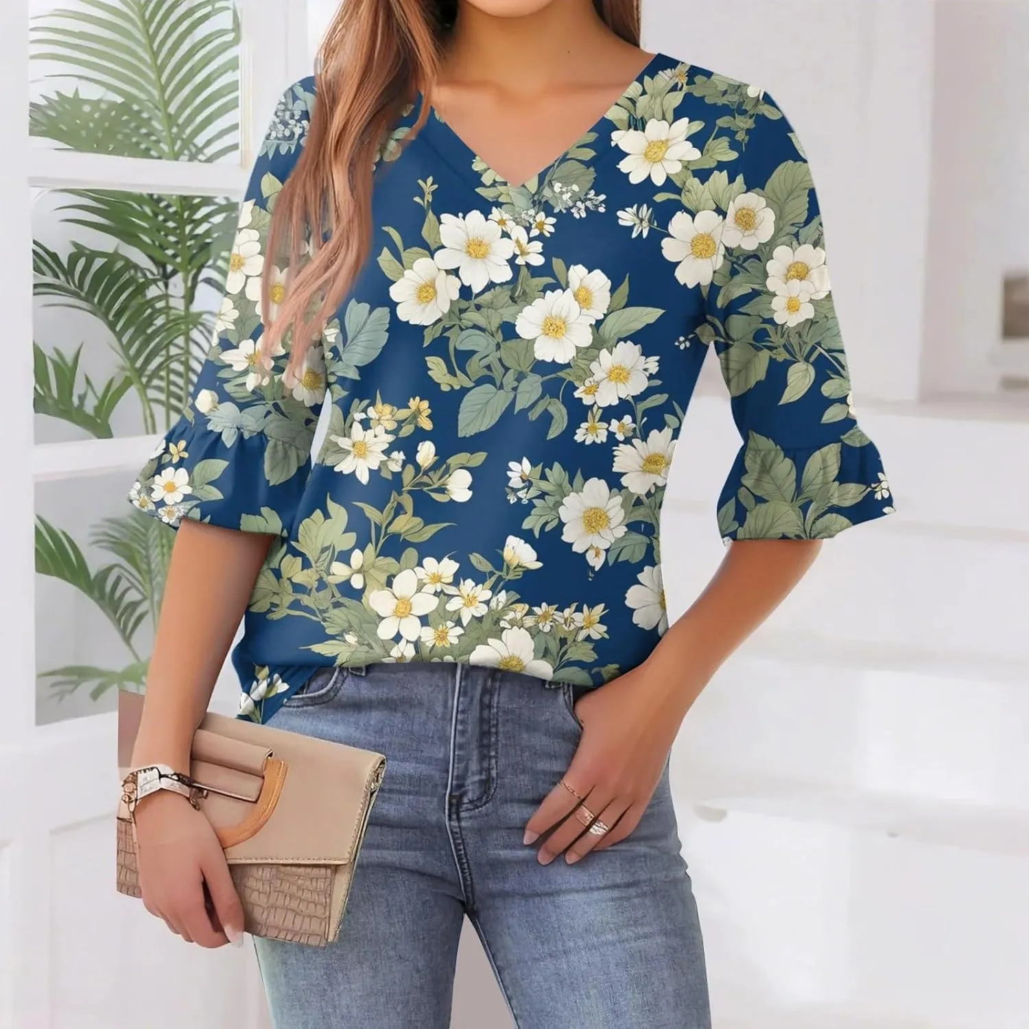 Five-Pointed Sleeve T-Shirts for Women Floral Print Lightweight Going Out Tops 2025 Casual Loose Summer Tees Blouses