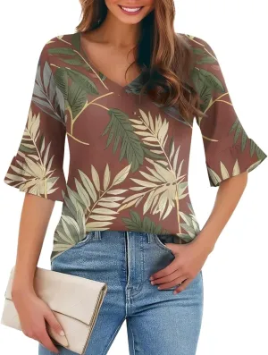 Five-Pointed Sleeve T-Shirts for Women Floral Print Lightweight Going Out Tops 2025 Casual Loose Summer Tees Blouses