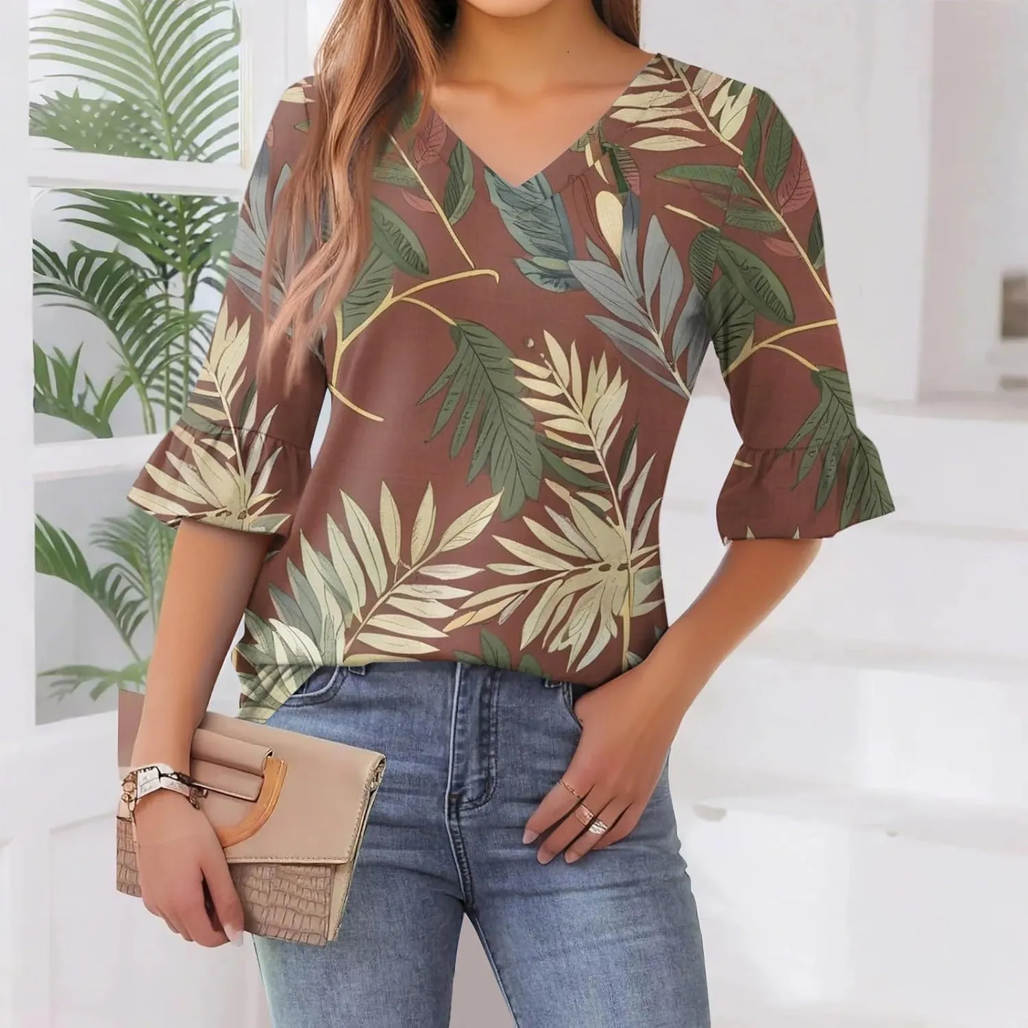 Five-Pointed Sleeve T-Shirts for Women Floral Print Lightweight Going Out Tops 2025 Casual Loose Summer Tees Blouses
