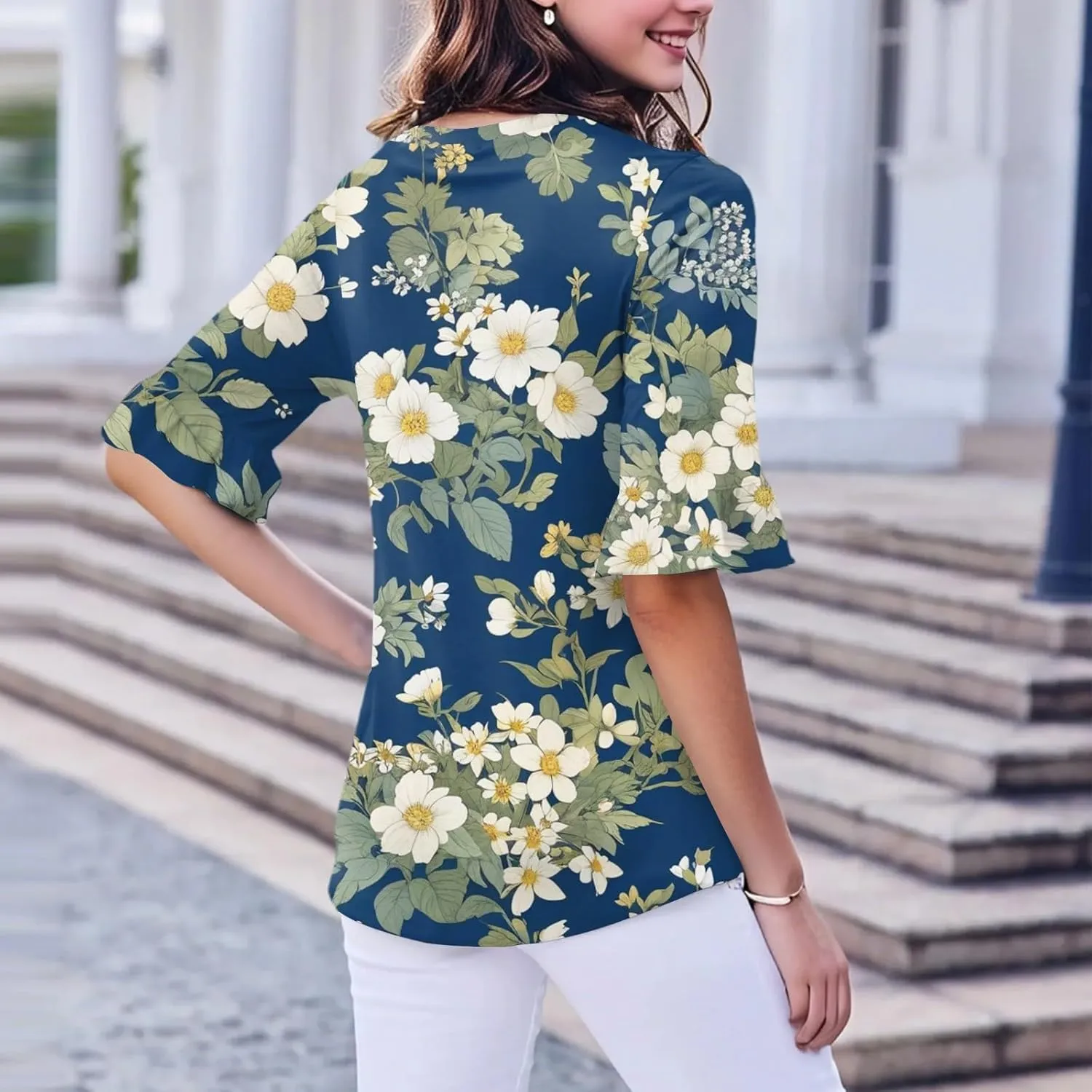 Five-Pointed Sleeve T-Shirts for Women Floral Print Lightweight Going Out Tops 2025 Casual Loose Summer Tees Blouses