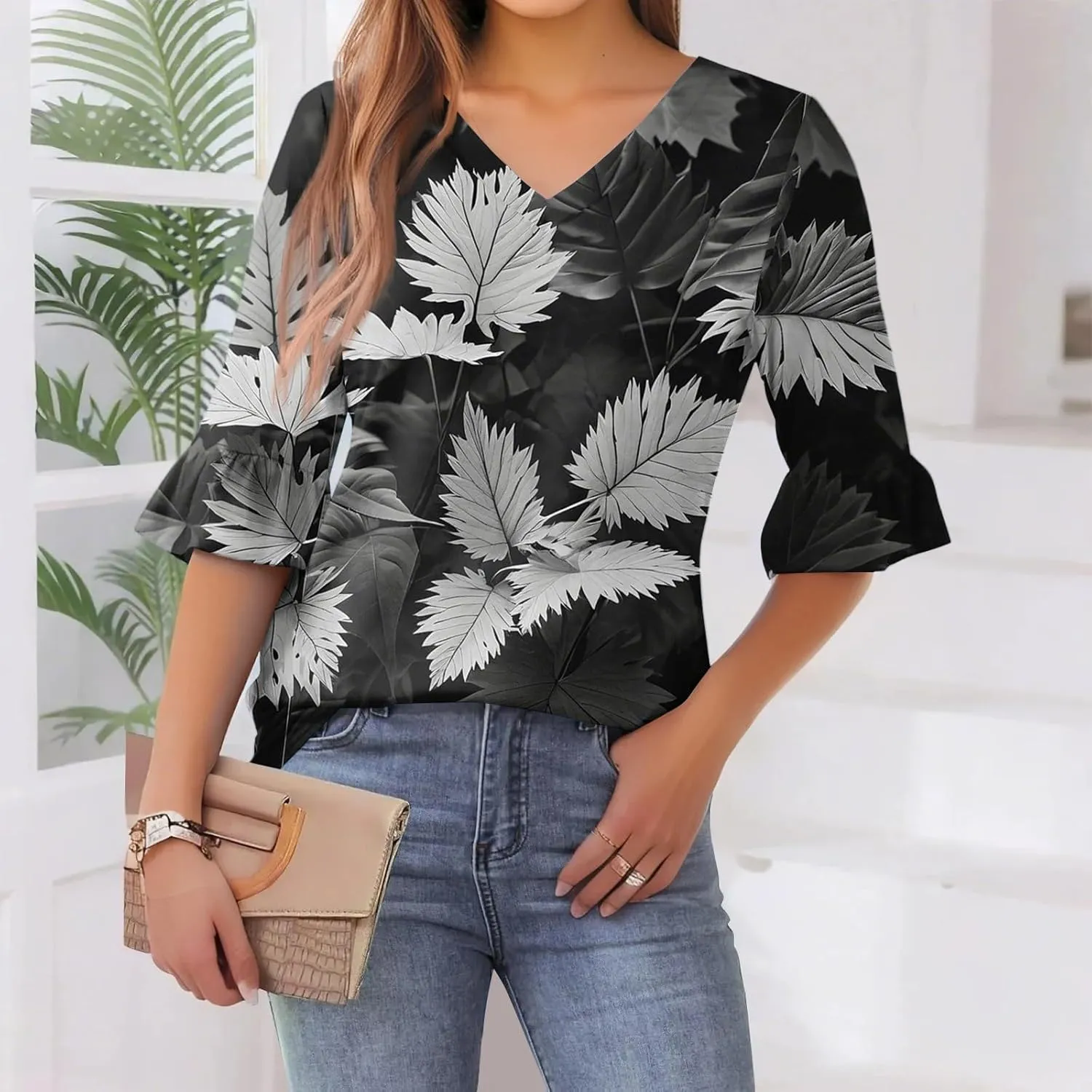 Five-Pointed Sleeve T-Shirts for Women Floral Print Lightweight Going Out Tops 2025 Casual Loose Summer Tees Blouses