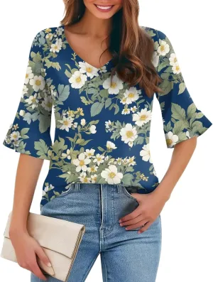 Five-Pointed Sleeve T-Shirts for Women Floral Print Lightweight Going Out Tops 2025 Casual Loose Summer Tees Blouses