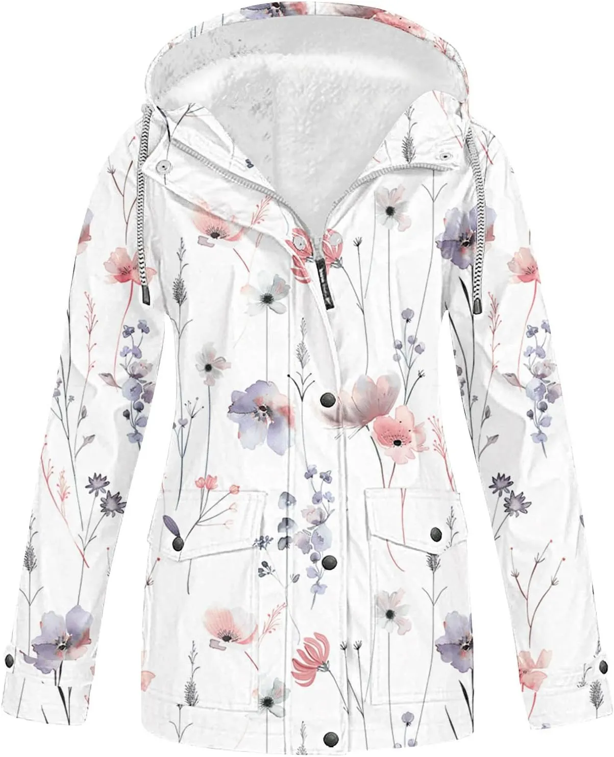 Fleece Linen Raincoats for Women Floral Waterproof Rain Jackets Warm Outdoor Windbreaker Fuzzy Rain Cotas for Winter